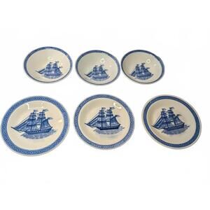 Vintage Blue and White Collector Plates with Ship Design - Set of 6